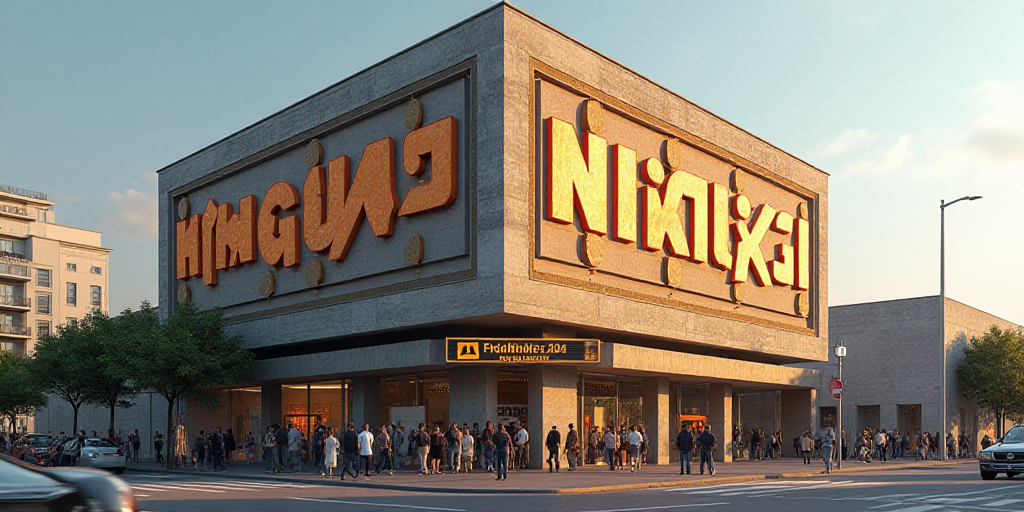 a group of people walking past a tall building with a sign on it's side that says ninggi, Diego Rive