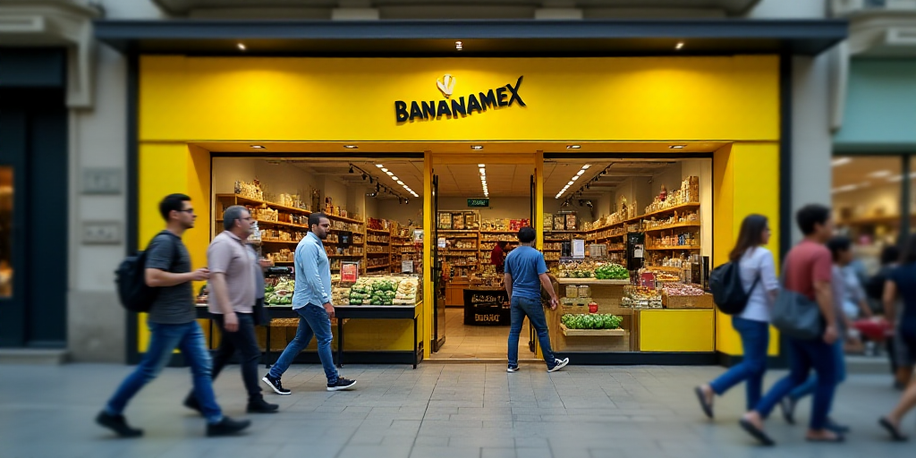 a group of people walking past a bananamex store front with a man walking by the entrance of the sto