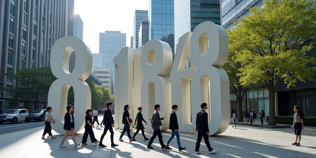 a group of people walking past a large sign with numbers on it's side in a city area, Andries Stock,