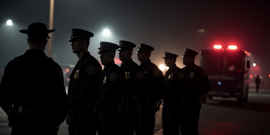 a group of police officers standing in a line at night time with their lights on and their uniforms