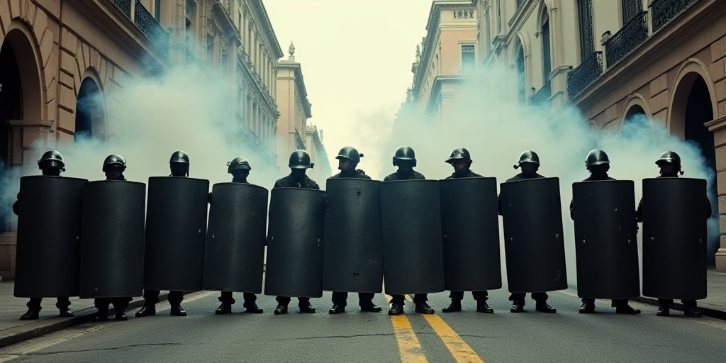 a group of police officers standing in front of a line of riot shields on a city street with smoke c