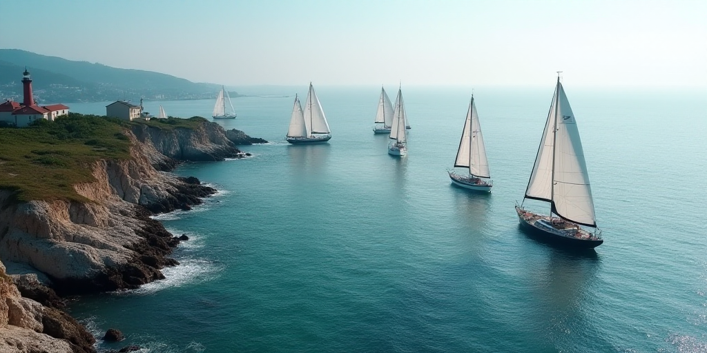 a group of sailboats floating in the ocean near a rocky shore and a lighthouse in the distance, from