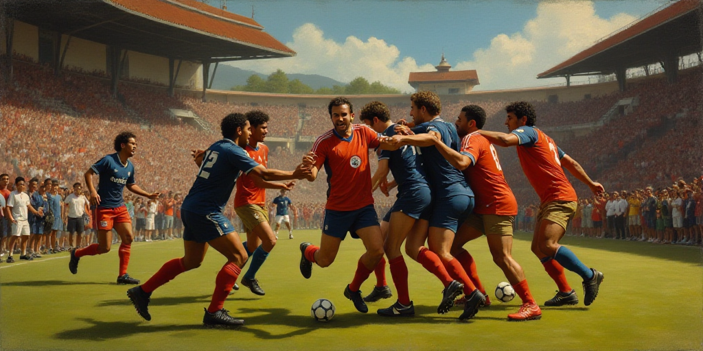 a group of soccer players are celebrating a goal on a field with a crowd watching them and a man in