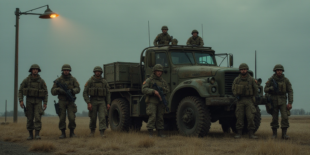 a group of soldiers standing in front of a military vehicle and a light pole with a light on it, Esa