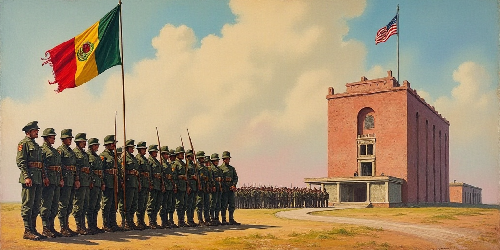 a group of soldiers standing in front of a flag and a building with a flag on it's side, David Alfar