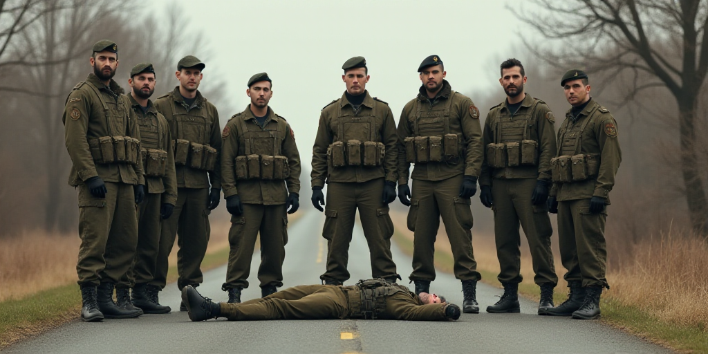a group of soldiers standing next to each other on a road with a man laying on the ground in front o