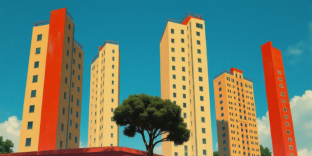 a group of tall buildings with a sky background and a tree in the foreground with a blue sky, David
