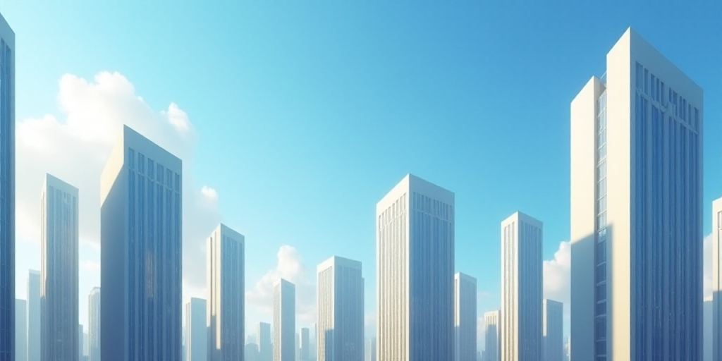 a group of tall buildings with a sky background and a blue sky in the background with a few clouds,