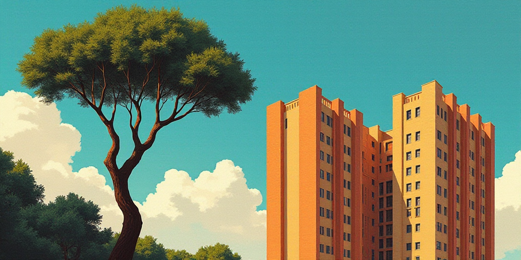 a group of tall buildings with a sky background and a tree in the foreground with a blue sky, David