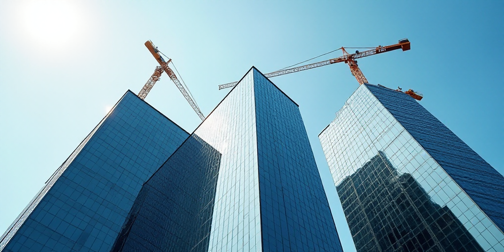 a group of tall buildings with a sky background and a street light in the foreground with a crane on