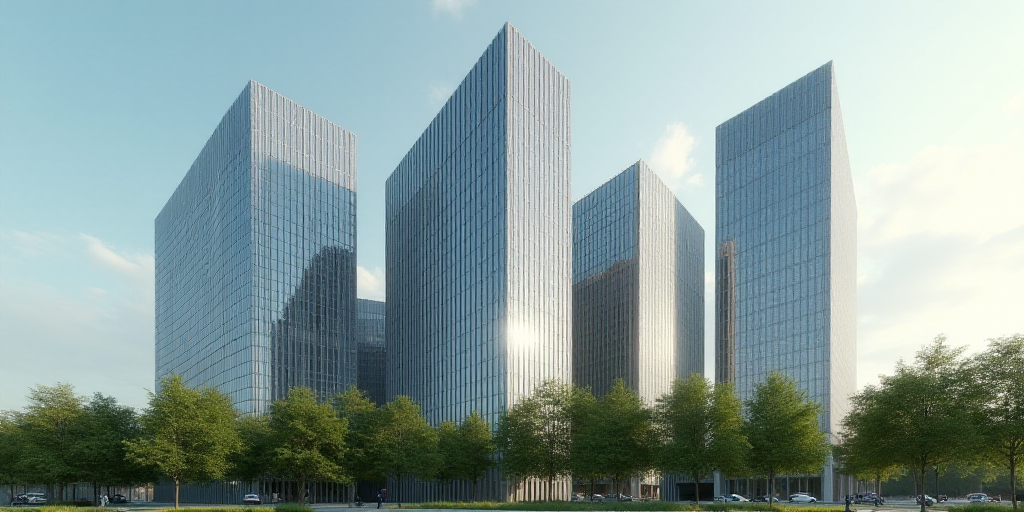 a group of tall buildings with a sky background and trees in front of them, with a sky background, E