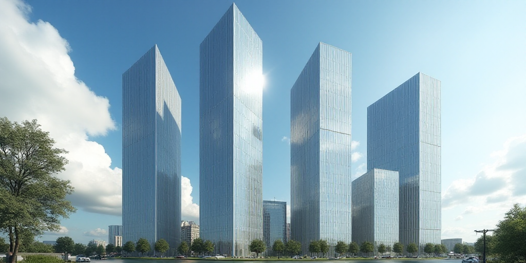 a group of tall buildings with a sky background and clouds in the background, with a blue sky and so