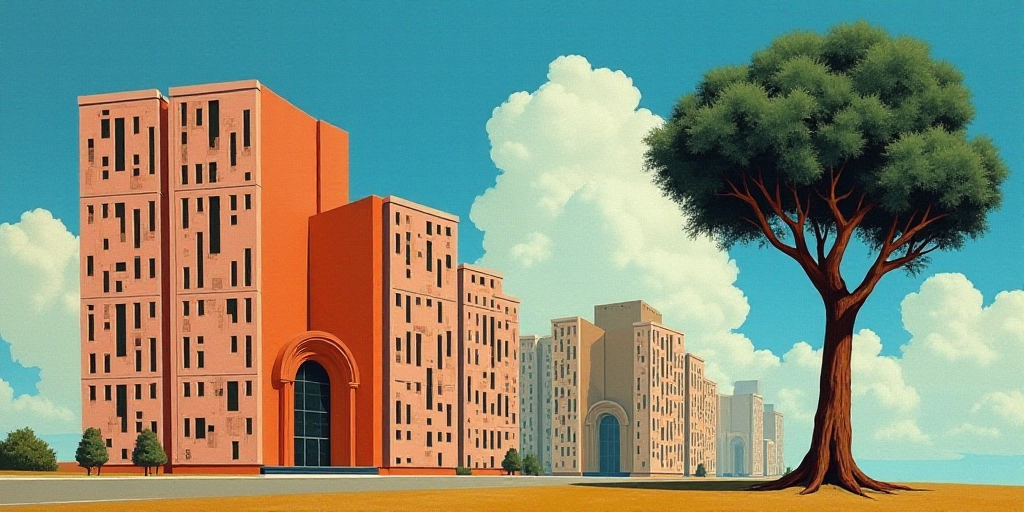 a group of tall buildings with a sky background and a tree in the foreground with a blue sky, David