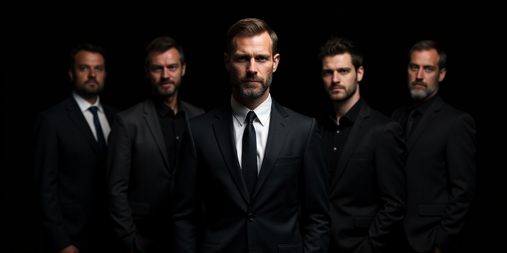 a group of three men standing next to each other in front of a black background and one man in a sui