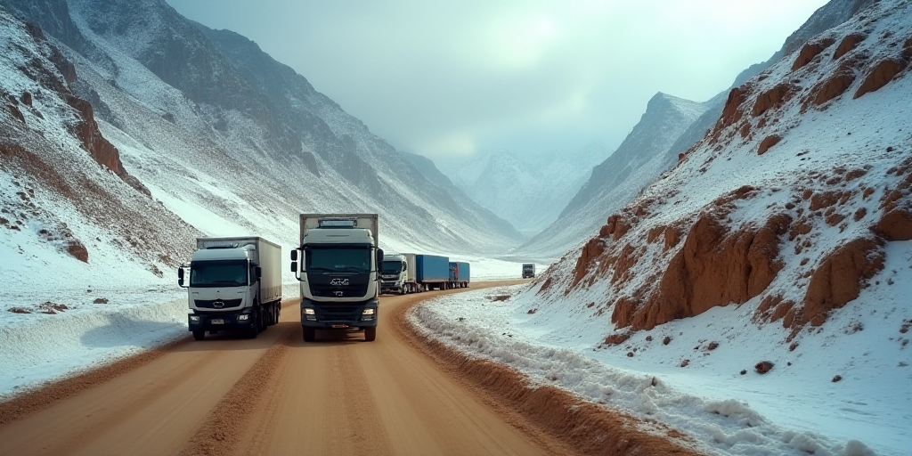 a group of trucks driving down a dirt road next to a mountain side covered in snow and dirt mounds,