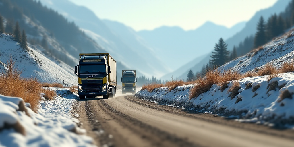 a group of trucks driving down a dirt road next to a mountain side covered in snow and dirt mounds,