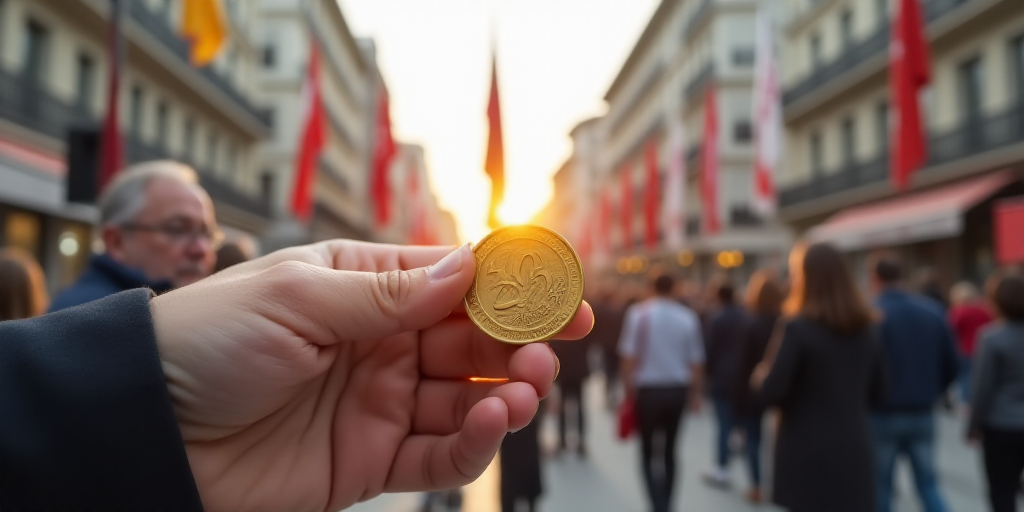 a hand holding a coin in front of a group of people in a city with flags and signs above them, Cefer