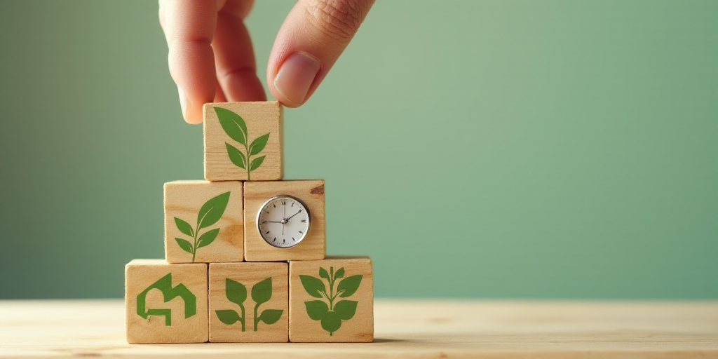 a hand is placing a block on top of a wooden block tower with green symbols on it and a clock, Andri