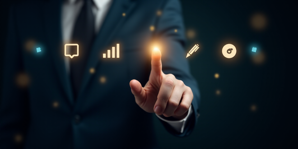 a hand touching a button with a light on it and icons surrounding it on a dark background with boke,