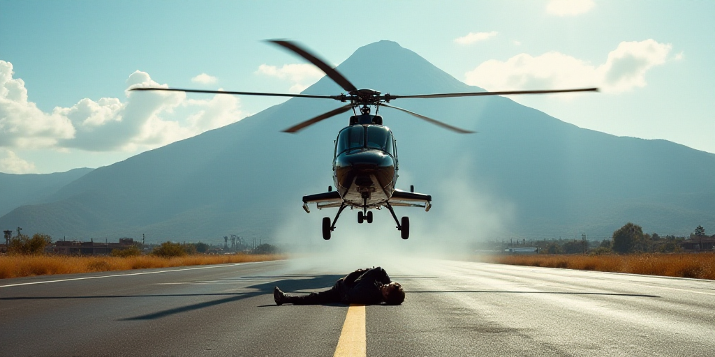 a helicopter is taking off from a runway with a man laying on the ground in front of it and a mounta