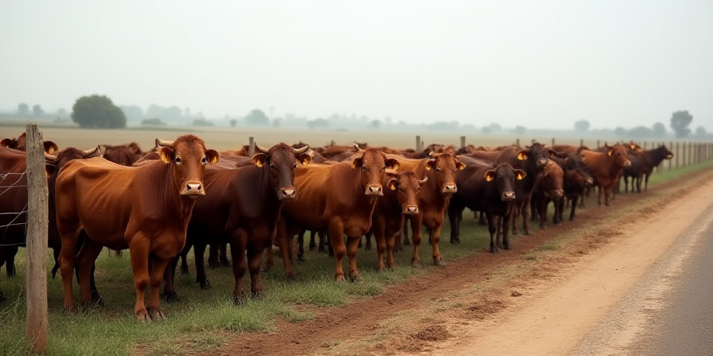 a herd of cattle standing next to each other on a dirt field next to a fence and a road, Afewerk Tek