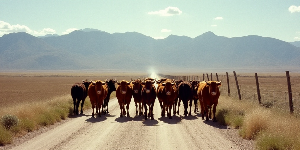 a herd of cattle walking down a dirt road next to a fenced in area with mountains in the background,