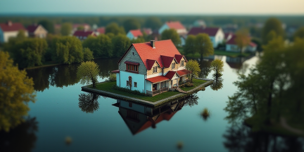a house is surrounded by water and trees in a flooded area of a town with a red roof and a red build