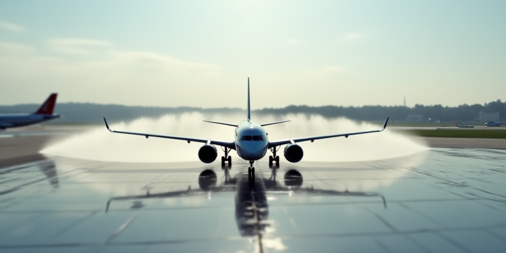 a jet airplane is spraying water on the tarmac at an airport with a jet plane in the background, Aqu