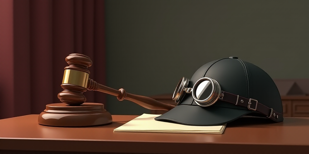 a judge's gavel and a helmet on a table with a pair of goggles on it, Evelyn Abelson, well - rendere