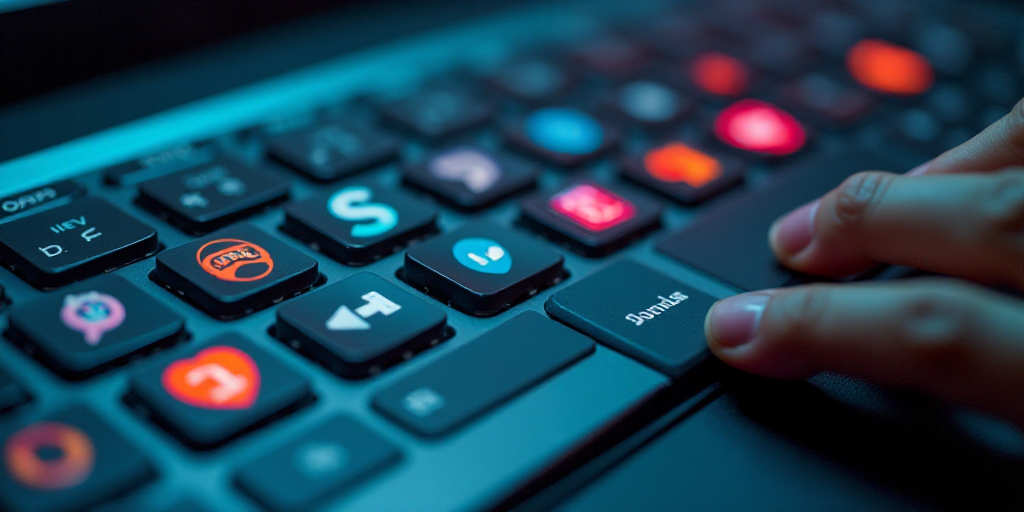 a keyboard with a bunch of different social media icons on it's keys and a mouse with a thumb on it,