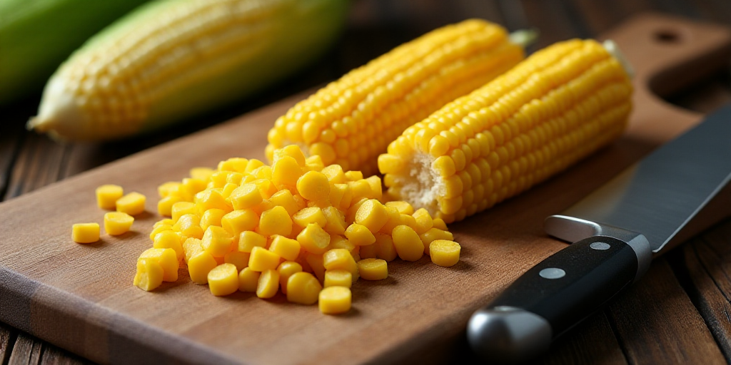 a knife and some corn on a cutting board with a knife and some corn on a cutting board with a knife,