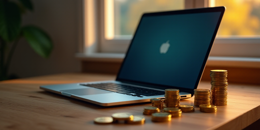 a laptop computer sitting on top of a wooden table next to stacks of coins and stacks of coins on a