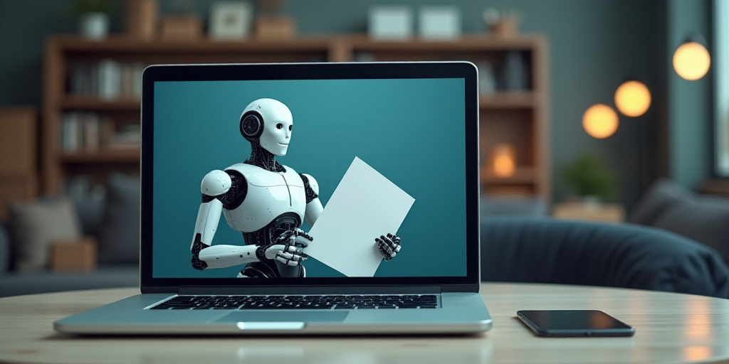 a laptop computer with a picture of a robot holding a piece of paper in front of it and a cell phone