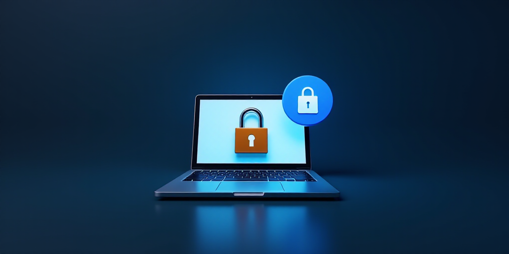 a laptop with a padlock on the screen and a lock on the screen next to it is a blue icon, Andries St