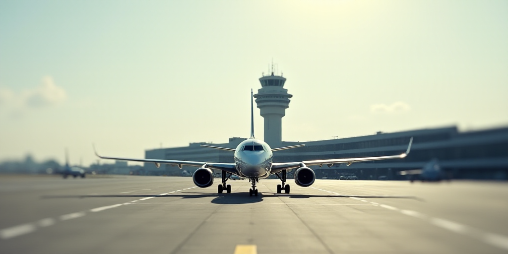 a large airport with a control tower in the background and a plane parked in front of it on the tarm