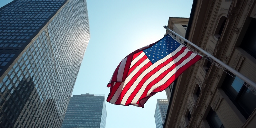 a large american flag is hanging from a building in new york city, usa, on a flagpole, Andries Stock