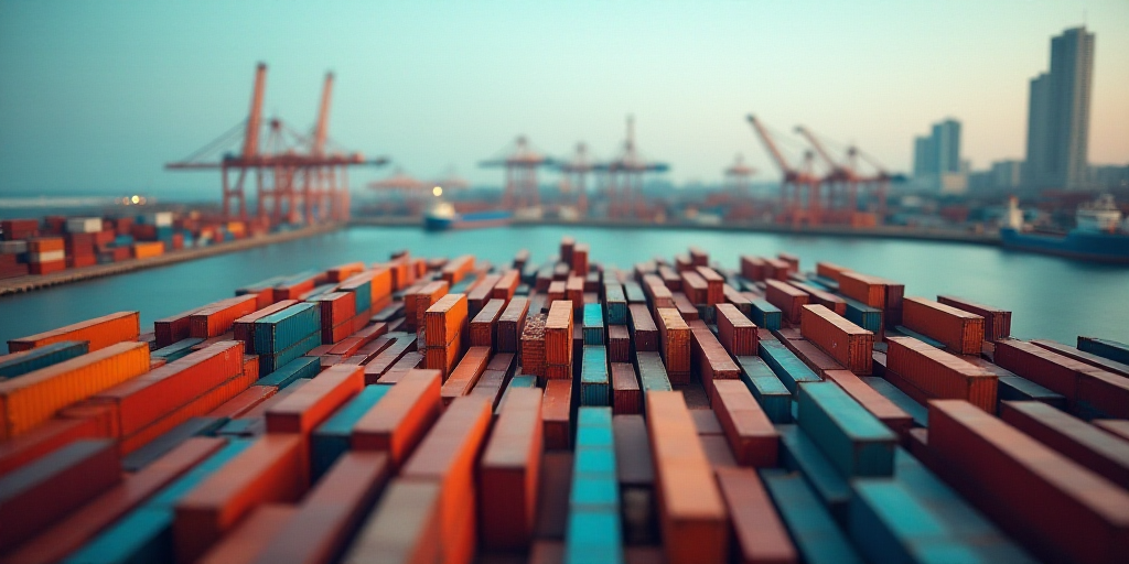a large amount of colorful shipping containers in a harbor with buildings in the background and a bo