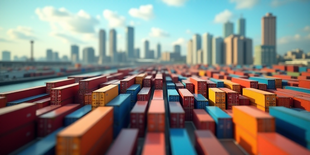a large amount of colorful shipping containers in a harbor with buildings in the background and a bo