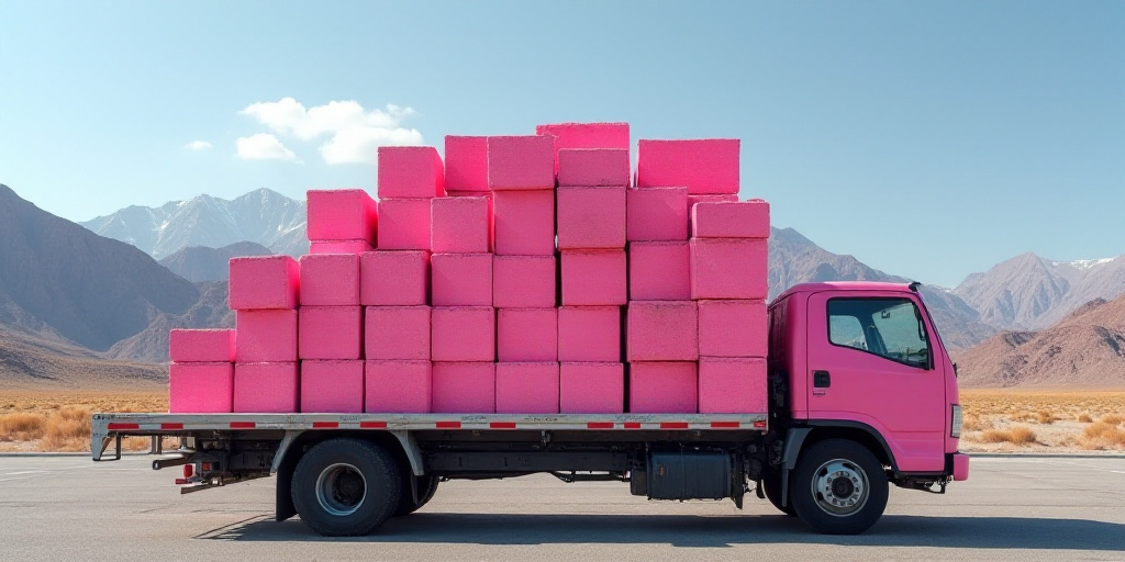 a large amount of pink bricks are stacked on a truck bed in a parking lot in front of a mountain ran