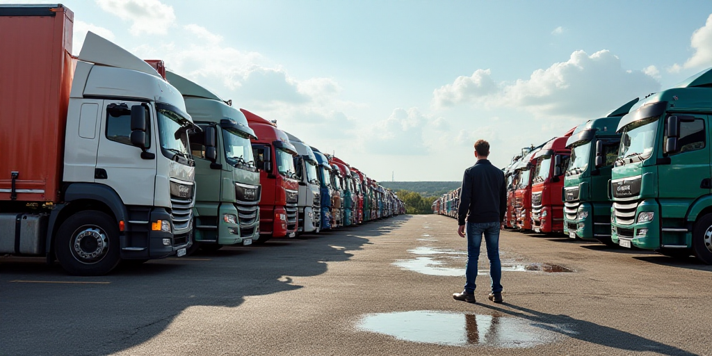 a large amount of trucks are parked in a lot with other trucks and trailers in the background and a