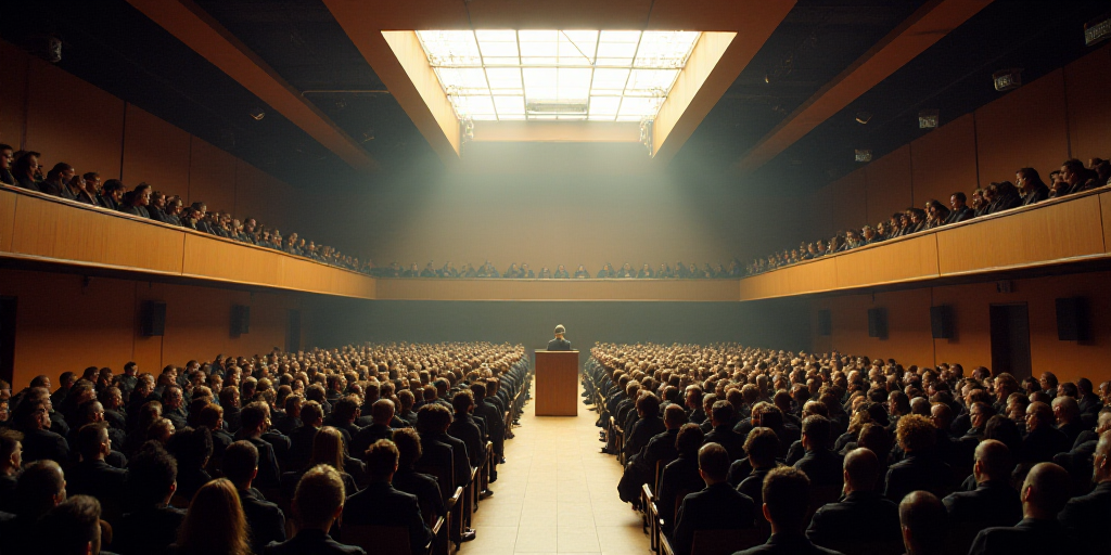 a large auditorium filled with people and a skylight above it's roof area, with a stage and a podium
