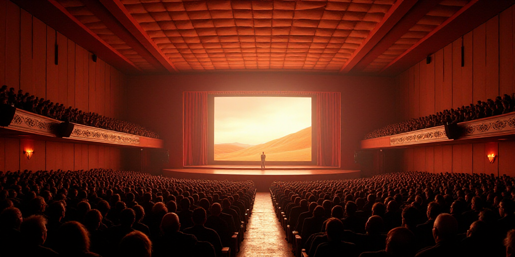 a large auditorium with a stage and a large crowd of people sitting in it and a large screen on the