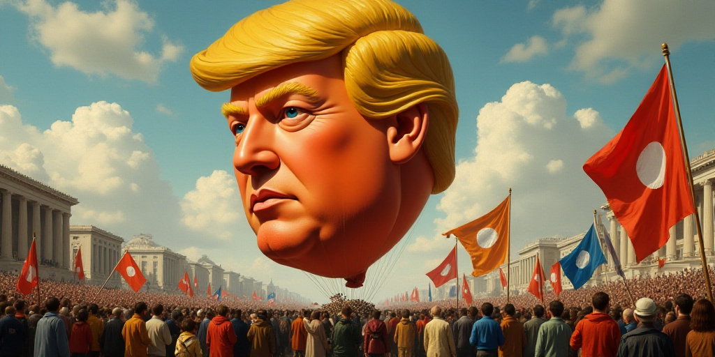 a large balloon with a donald trump face in a crowd of people holding flags and signs, with a large