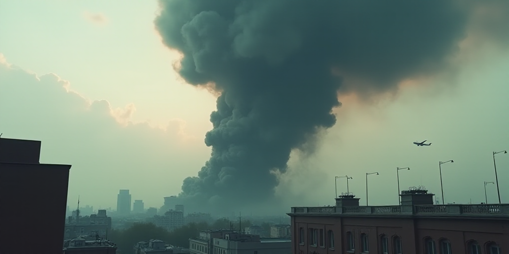 a large black cloud of smoke billowing from a building in a city with buildings in the background an