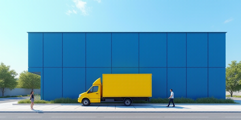 a large blue building with a yellow truck parked in front of it and a person walking by it on a side