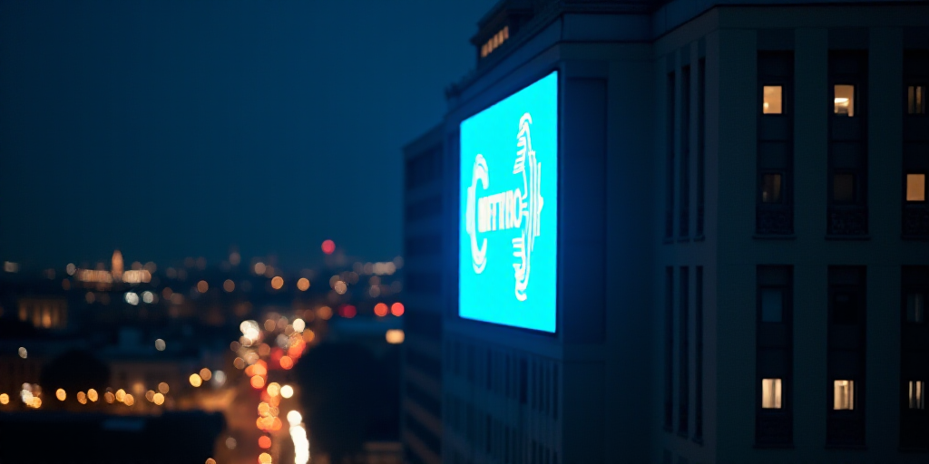 a large blue sign on the side of a building at night time with lights on it and a city below, Bettin