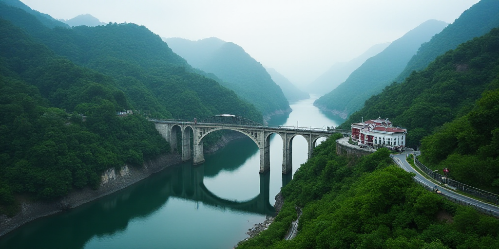 a large bridge over a river next to a forest filled hillside with a road going through it and a larg