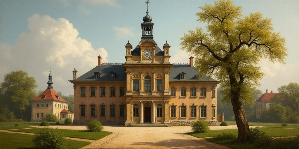 a large building with a clock on the top of it's roof and a tree in front of it, Enguerrand Quarton,