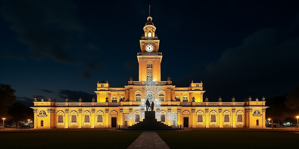 a large building with a clock tower and a statue on top of it at night time with lights on, David Al