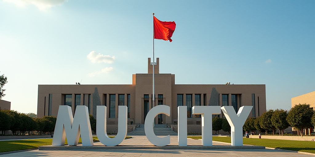 a large building with a flag and a large sign in front of it that says, my city, in front of a flag